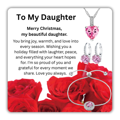 Pink Heart Necklace Earrings Bracelet Jewellery set with Message Card for Daughter