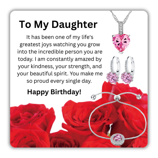 Pink Heart Necklace Earrings Bracelet Jewellery set with Message Card for Daughter