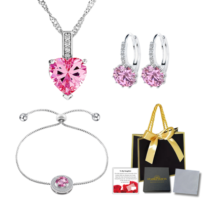 Pink Heart Necklace Earrings Bracelet Jewellery set with Message Card for Daughter