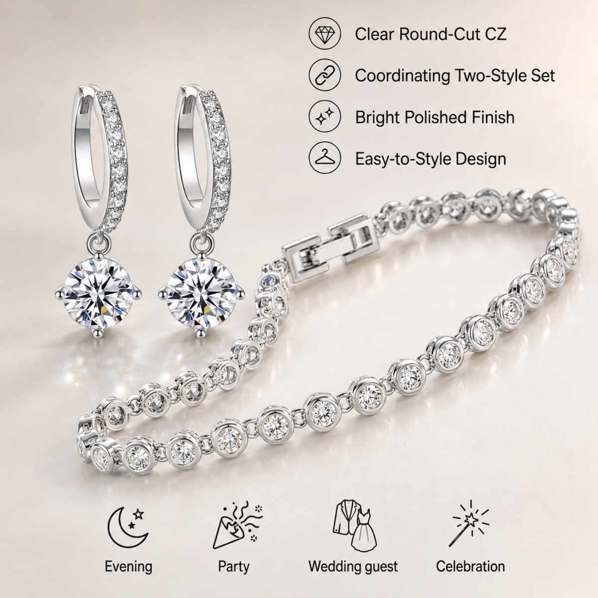 Tennis Crystal Bracelet and Drop Earrings Set