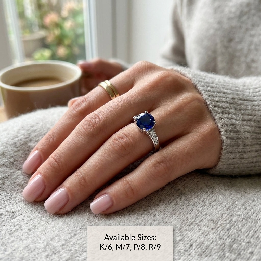 Rhodium Plated Blue Cubic Zirconia Ring