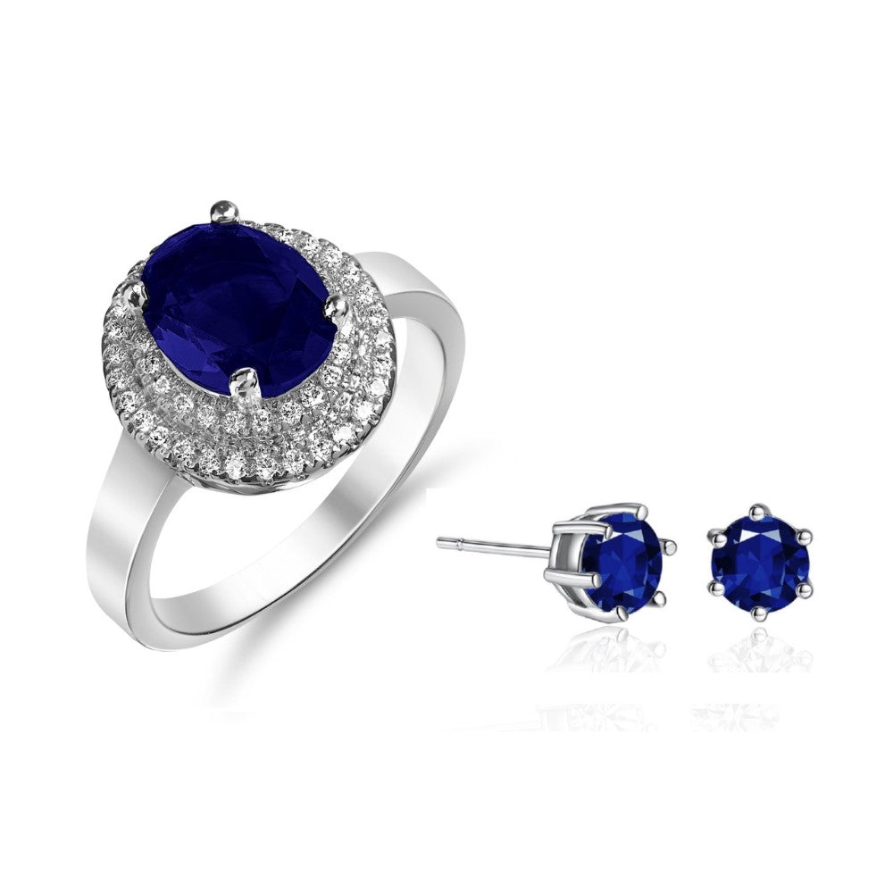Blue Crystal Halo Ring and Stud Earrings Set