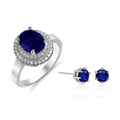 Blue Crystal Halo Ring and Stud Earrings Set