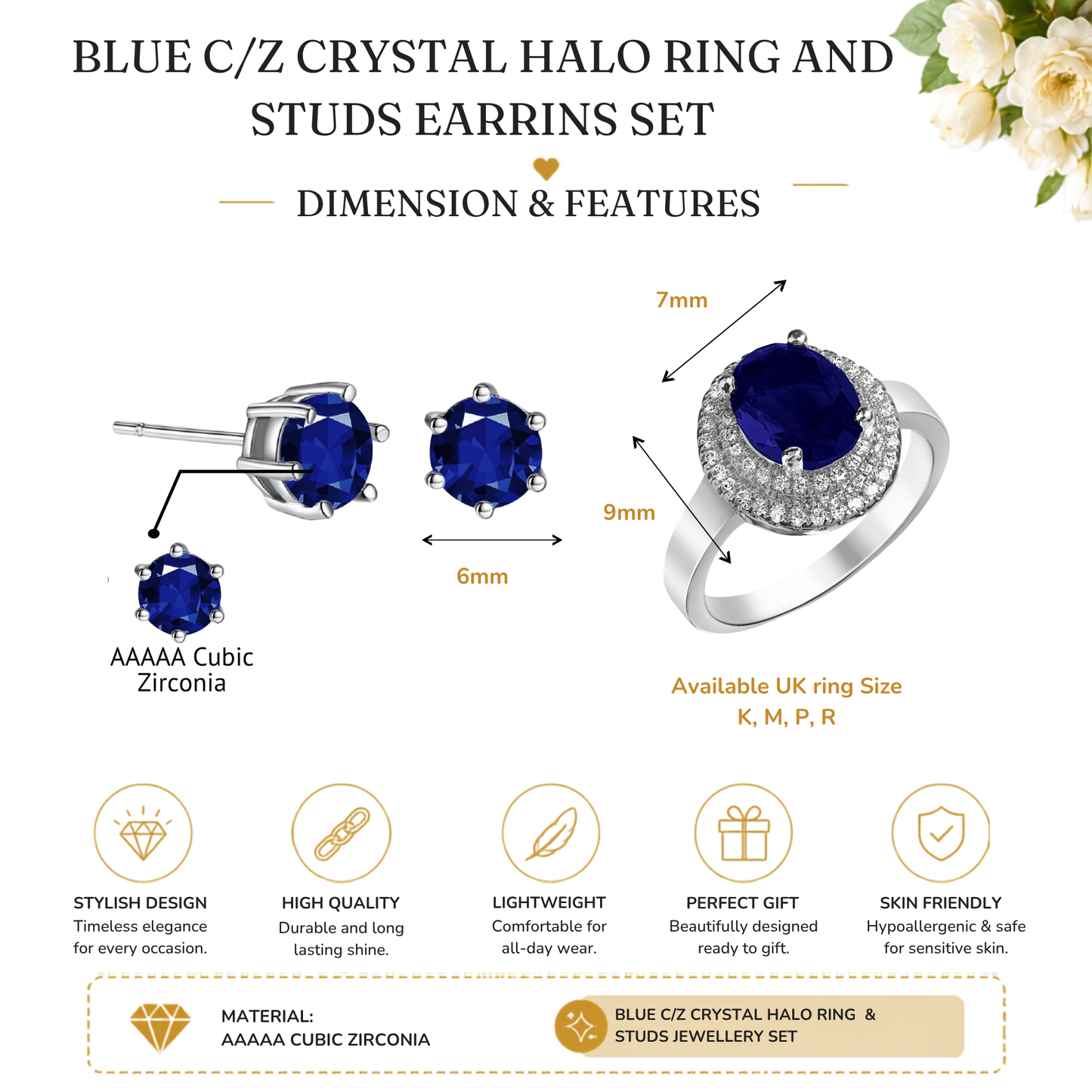 Blue Crystal Halo Ring and Stud Earrings Set