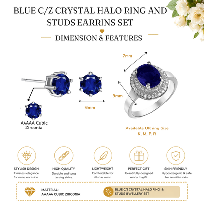 Blue Crystal Halo Ring and Stud Earrings Set