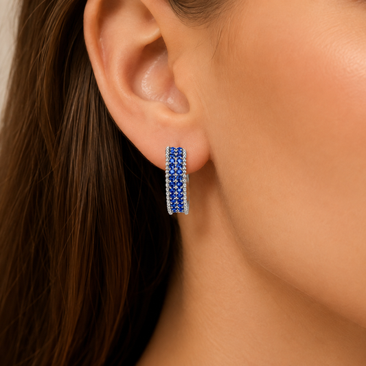 Elegant Curved Shape Blue Cubic Zirconia Crystal C Hoop Earrings
