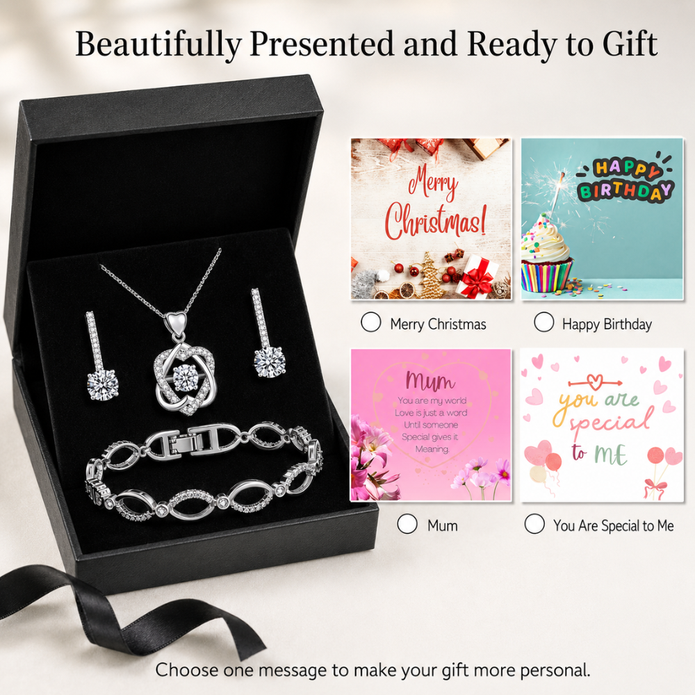 Tri-Set Infinity Knot Heart Pendant, Drop Earrings and Bracelet Jewellery Set