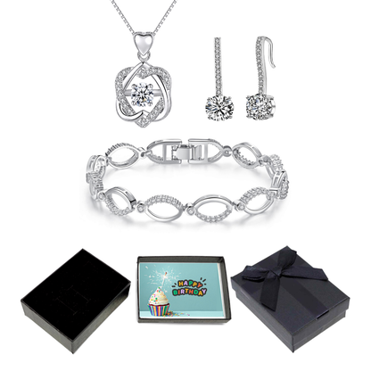Tri-Set Infinity Knot Heart Pendant, Drop Earrings and Bracelet Jewellery Set