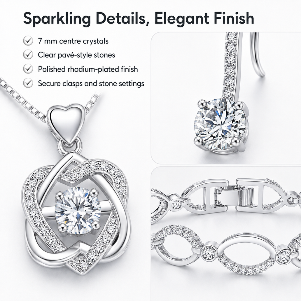Tri-Set Infinity Knot Heart Pendant, Drop Earrings and Bracelet Jewellery Set