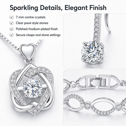 Tri-Set Infinity Knot Heart Pendant, Drop Earrings and Bracelet Jewellery Set