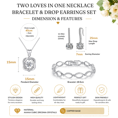 Tri-Set Infinity Knot Heart Pendant, Drop Earrings and Bracelet Jewellery Set