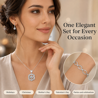 Tri-Set Infinity Knot Heart Pendant, Drop Earrings and Bracelet Jewellery Set