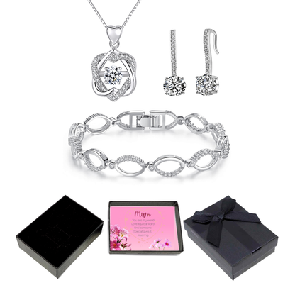 Tri-Set Infinity Knot Heart Pendant, Drop Earrings and Bracelet Jewellery Set