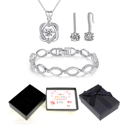 Tri-Set Infinity Knot Heart Pendant, Drop Earrings and Bracelet Jewellery Set