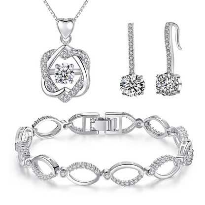 Tri-Set Infinity Knot Heart Pendant, Drop Earrings and Bracelet Jewellery Set