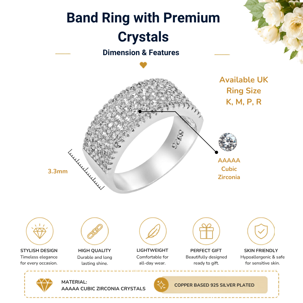 S925 Sterling Silver Band Crystal Ring & Stud Earrings Jewellery Set