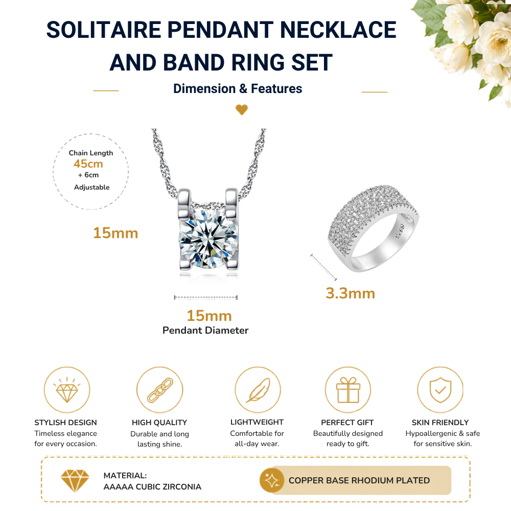 Solitaire Crystal Necklace and S925 Sterling Silver Band Ring Set