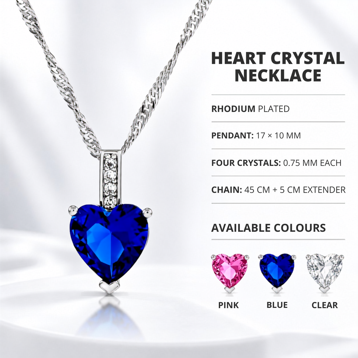 Love Heart Pendant Necklace,  Earrings and Bracelet Jewellery Tri-Set ( Pink, Blue or Clear )