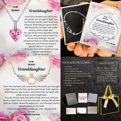 Gifts for Granddaughter with Message Card Linked Heart Bracelet Angel’s Wings Necklace Jewellery