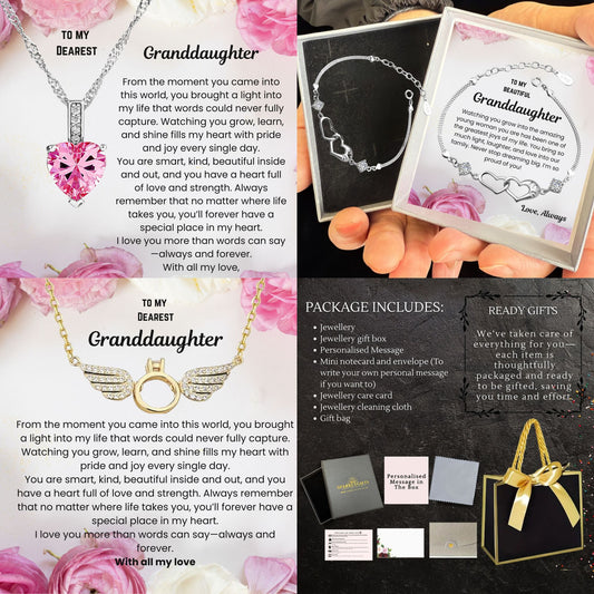 Gifts for Granddaughter with Message Card Linked Heart Bracelet Angel’s Wings Necklace Jewellery