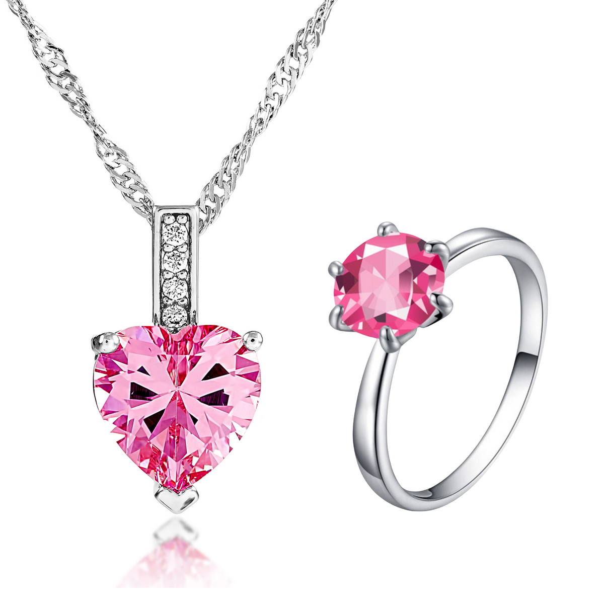 Pink Crystal Heart Necklace and Solitaire Ring Set