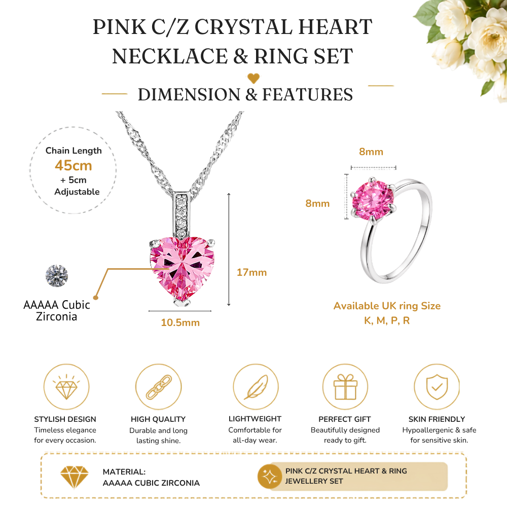 Pink Crystal Heart Necklace and Solitaire Ring Set
