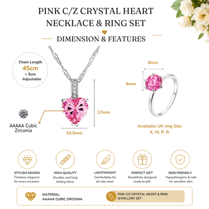 Pink Crystal Heart Necklace and Solitaire Ring Set