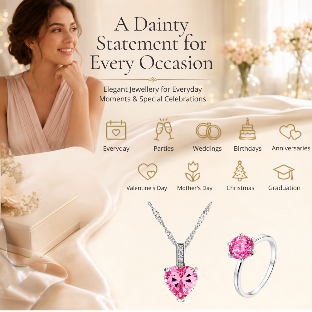 Pink Crystal Heart Necklace and Solitaire Ring Set