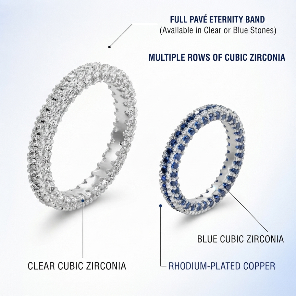 Eternity Engagement Wedding Band Ring with Clear or Blue Cubic Zirconia