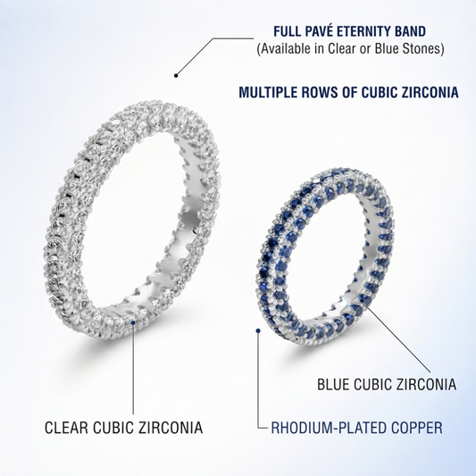 Eternity Engagement Wedding Band Ring with Clear or Blue Cubic Zirconia