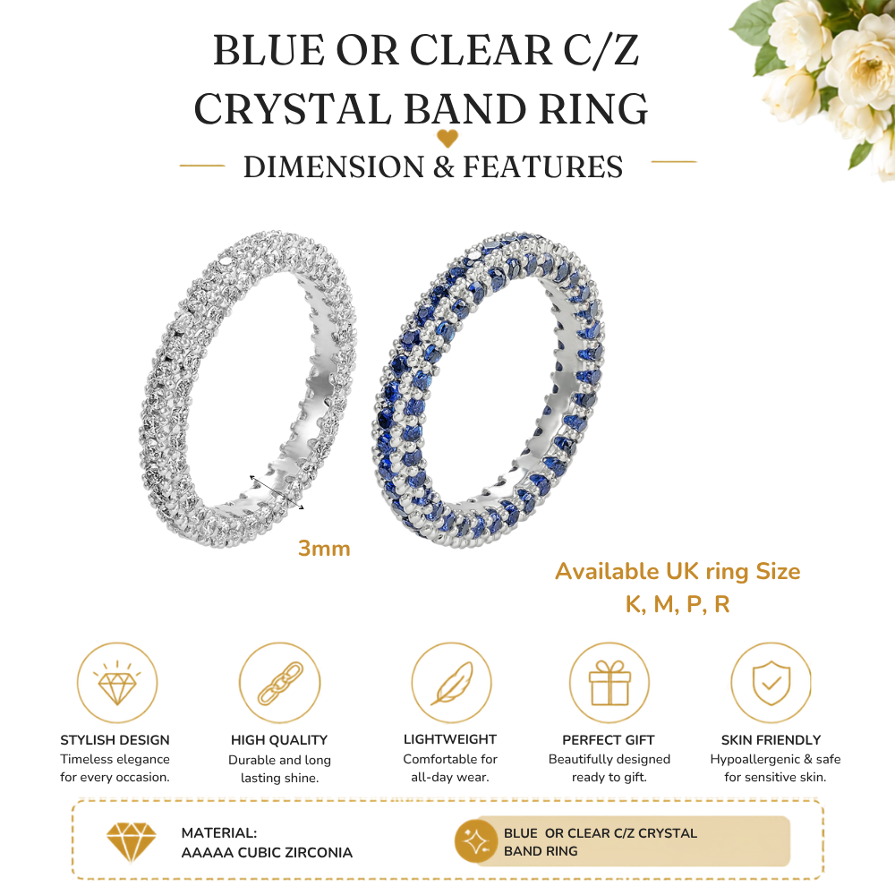 Eternity Engagement Wedding Band Ring with Clear or Blue Cubic Zirconia
