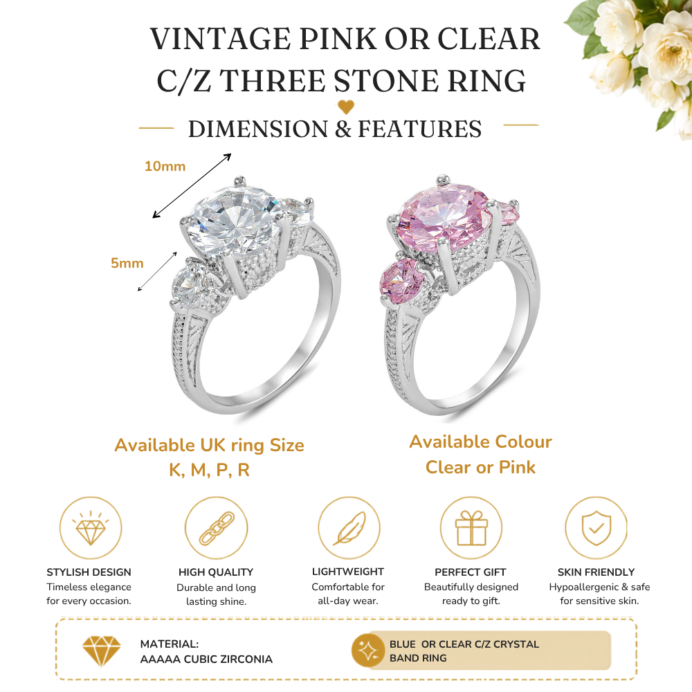 3-Crystals Clear or Pink Cubic Zirconia Ring