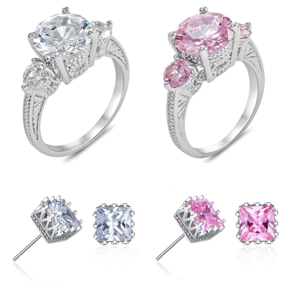 3-Stone Crystals Engagement Ring & Matching Square Stud Earrings Set ( Pink or Clear )