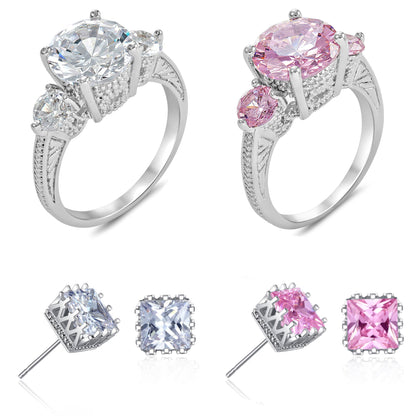 3-Stone Crystals Engagement Ring & Matching Square Stud Earrings Set ( Pink or Clear )