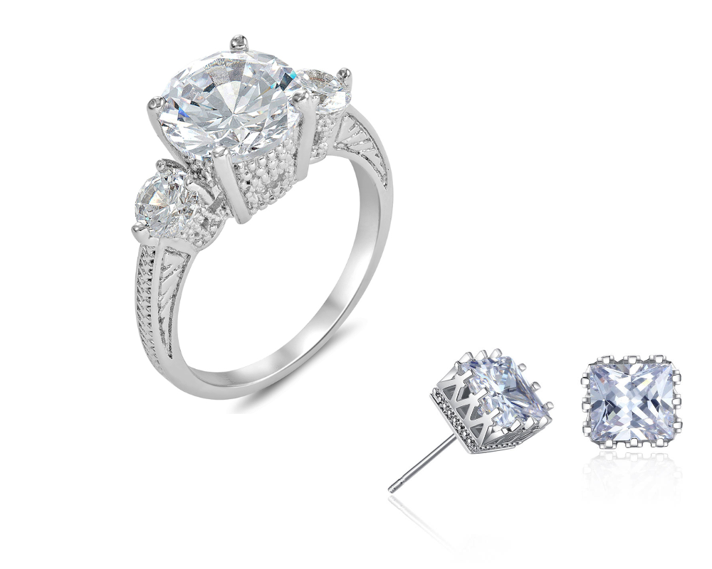 3-Stone Crystals Engagement Ring & Matching Square Stud Earrings Set ( Pink or Clear )