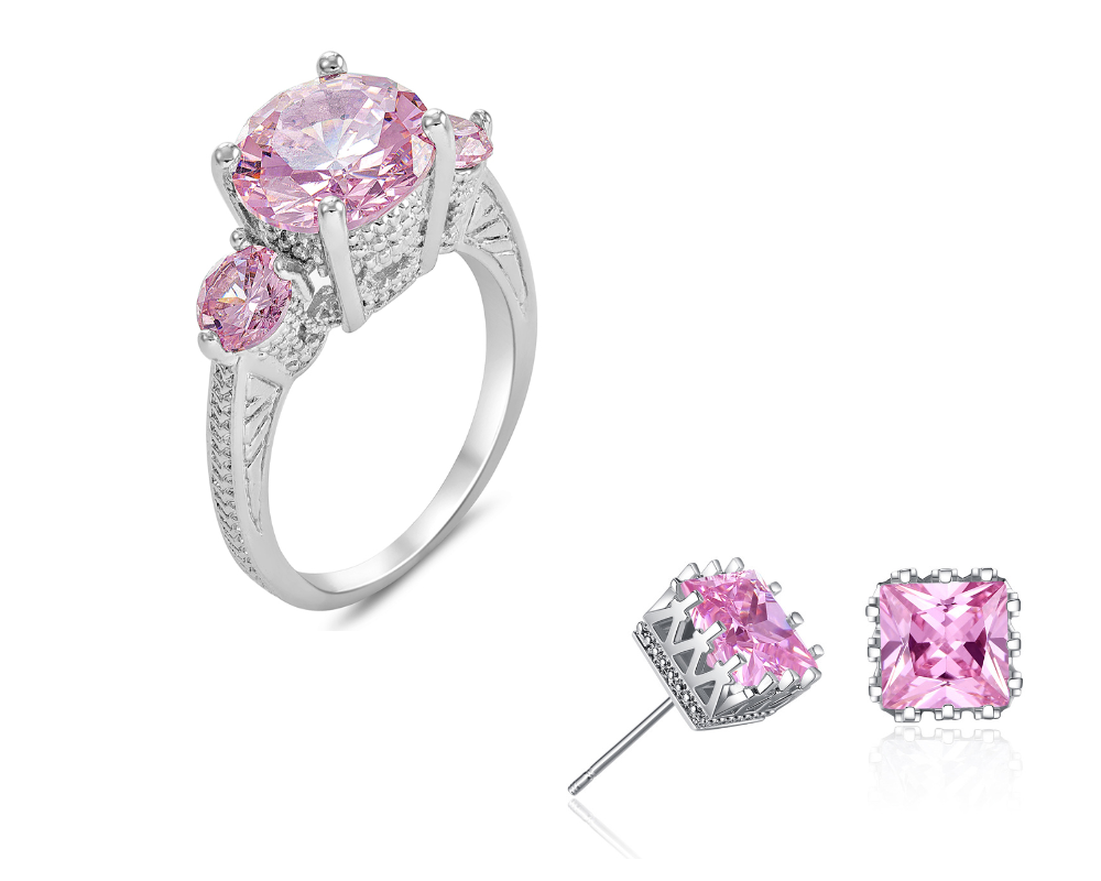 3-Stone Crystals Engagement Ring & Matching Square Stud Earrings Set ( Pink or Clear )