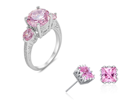 3-Stone Crystals Engagement Ring & Matching Square Stud Earrings Set ( Pink or Clear )