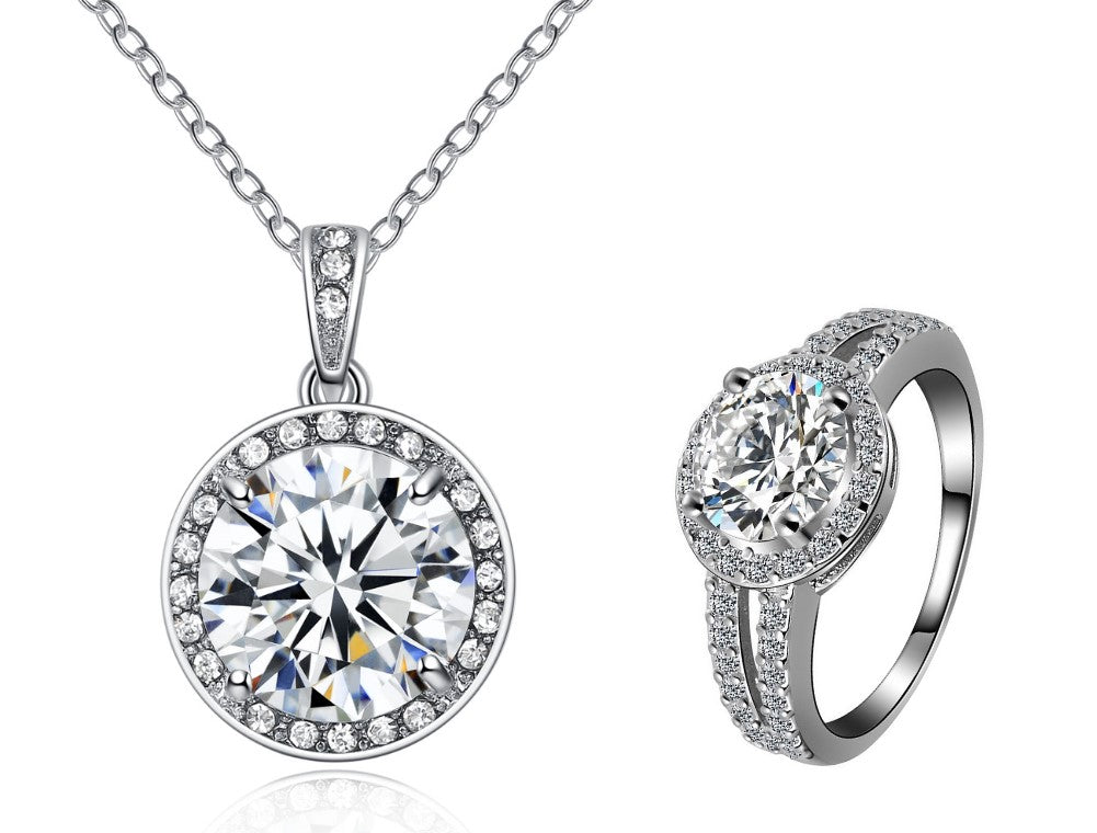 Round Cut Crystal Halo Pendant Necklace and Ring Set