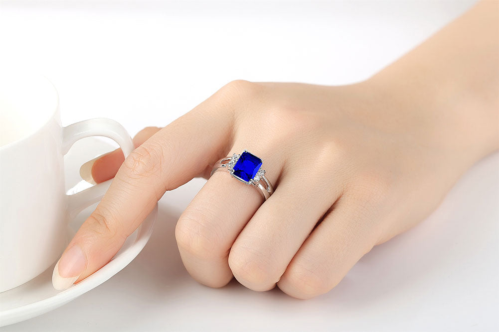 Emerald-Cut Blue & Pave Hoop Earrings and Ring Jewellery Set