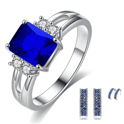 Emerald-Cut Blue & Pave Hoop Earrings and Ring Jewellery Set