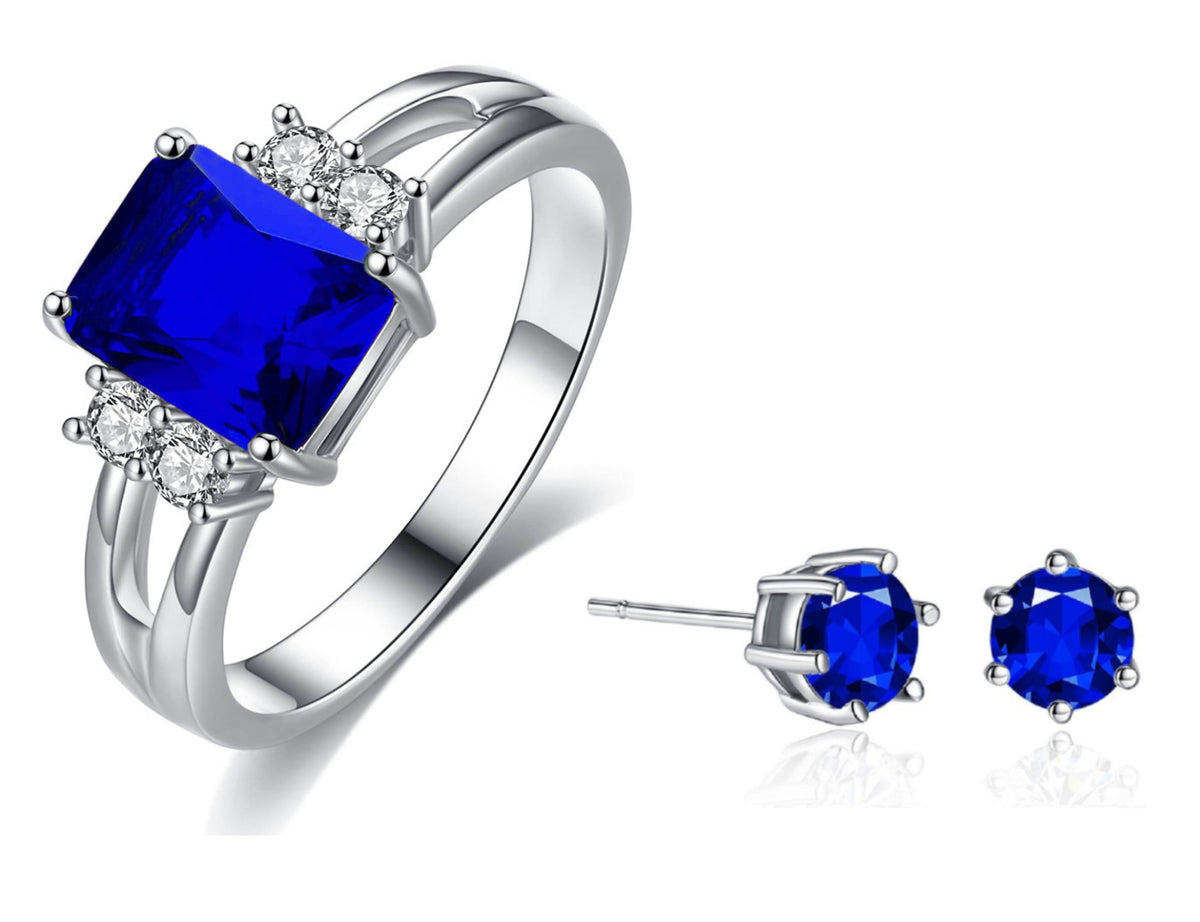 Emerald-Cut Blue Ring and Stud Earrings Jewellery Set