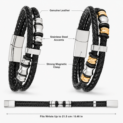 Men’s Black Leather Bracelet with 316L Beads Gold or Silver