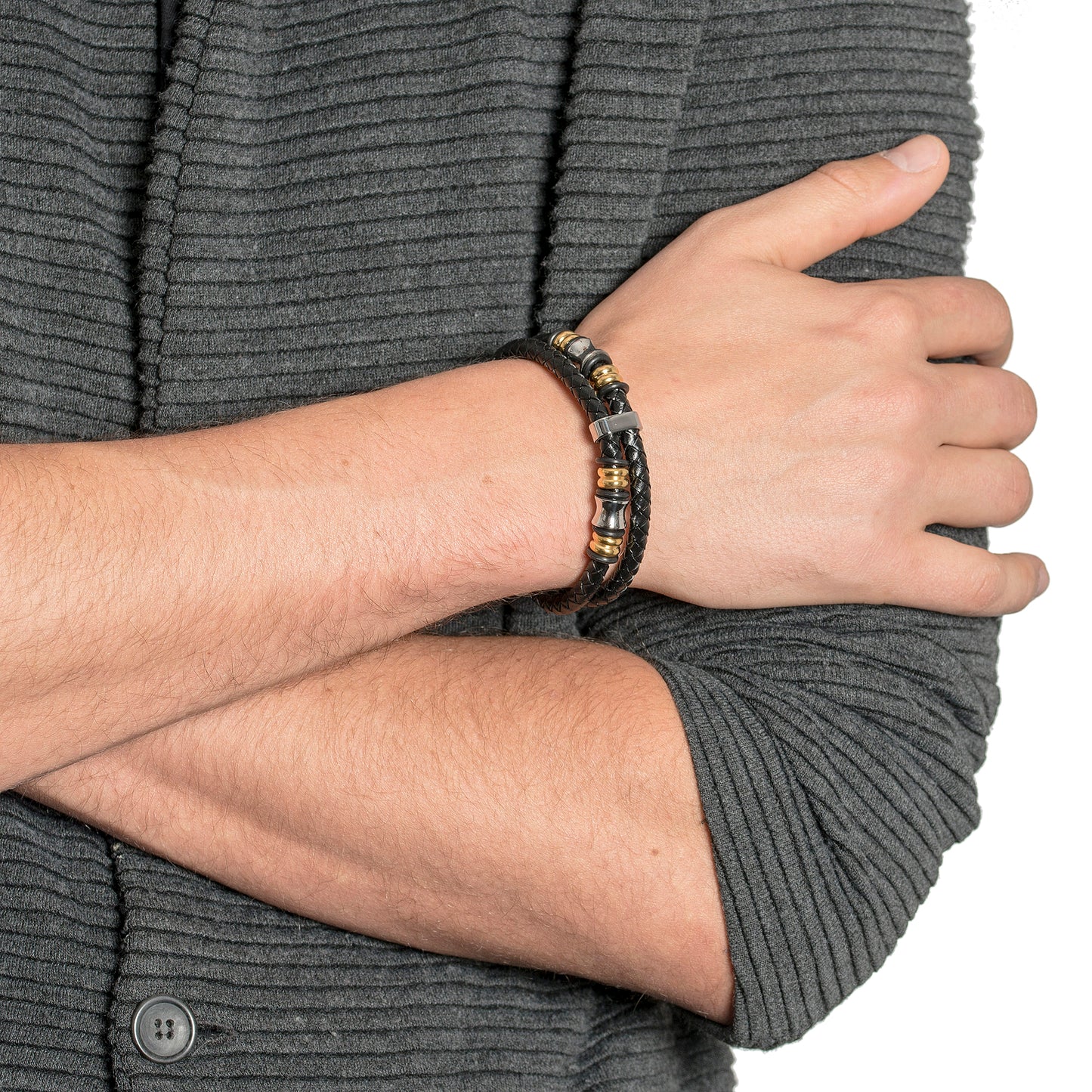 Men’s Black Leather Bracelet with 316L Beads Gold or Silver