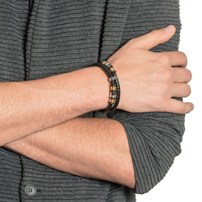 Men’s Black Leather Bracelet with 316L Beads Gold or Silver