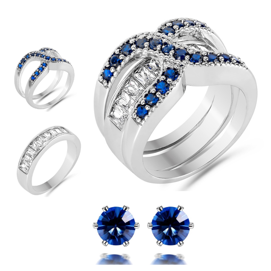 2 In one Elegant Blue & Clear AAAAA Cubic Zirconia Ring & Stud Earrings Jewellery Set