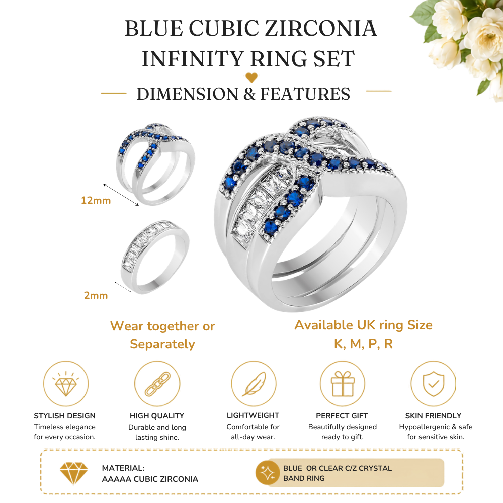 2 in 1 Blue Cubic Zirconia Infinity Ring Dual Ring Set