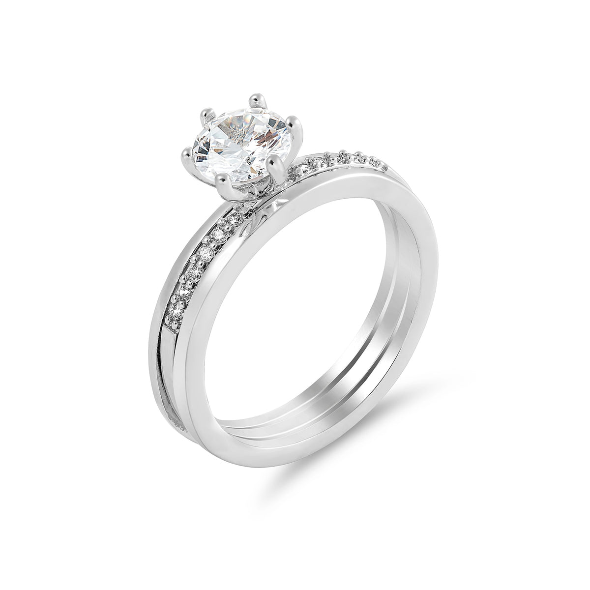 2 In One Round Cut Solitaire Engagement Rings Stacking Band & Drop Earrings Set Jewellery Set