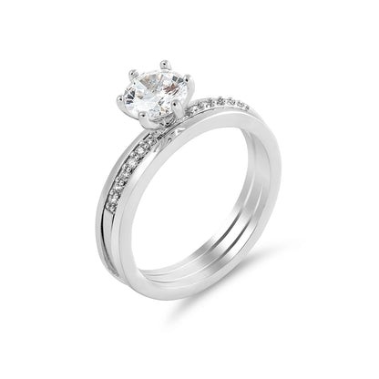2 In One Round Cut Solitaire Engagement Rings Stacking Band & Drop Earrings Set Jewellery Set