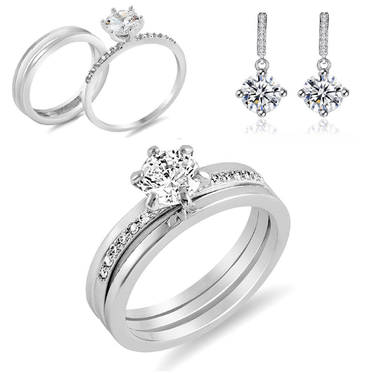 2 In One Round Cut Solitaire Engagement Rings Stacking Band & Drop Earrings Set Jewellery Set