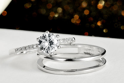 2 In One Round Cut Solitaire Engagement Rings Stacking Band & Drop Earrings Set Jewellery Set